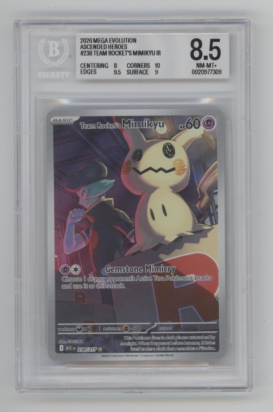 Team Rocket's Mimiyku ex Pokemon Ascended Heroes IR #238 Beckett 8.5