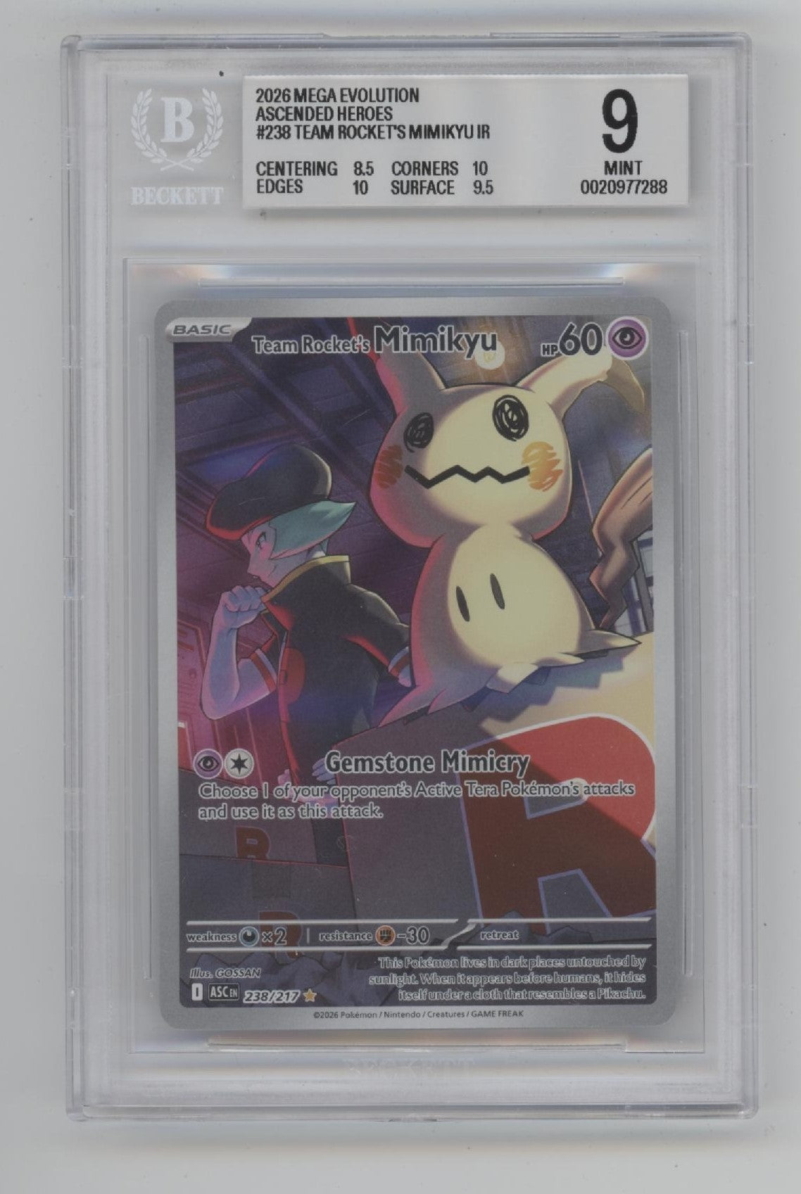 Team Rocket's Mimiyku ex Pokemon Ascended Heroes IR #238 Beckett 9