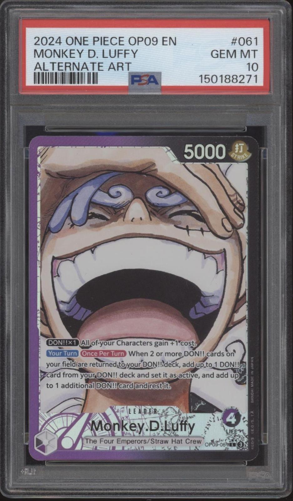 Monkey D Luffy One Piece Card Game OP09 Alternate Art #061 PSA 10
