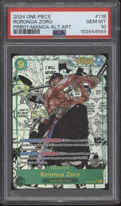 Roronoa Zoro One Piece Card Game PRB01 Manga Alternate Art #118 PSA 10
