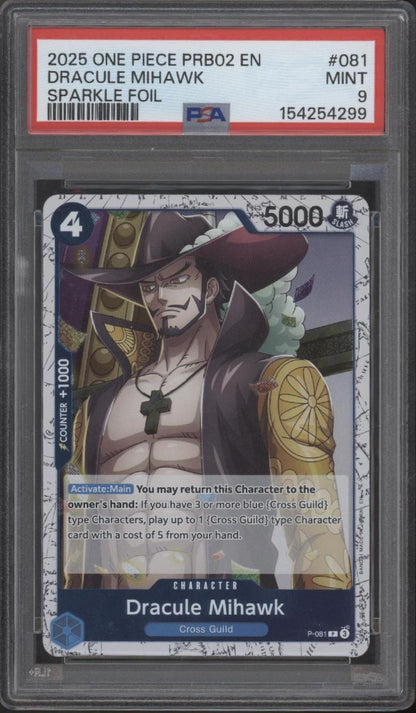 Dracule Mihawk One Piece Card Game PRB02 Sparkle Foil #081 PSA 9