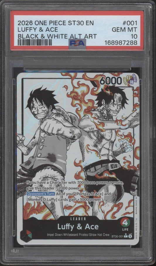 Luffy & Ace One Piece Card Game ST30 Black & White Alternate Art #001 PSA 10 #1