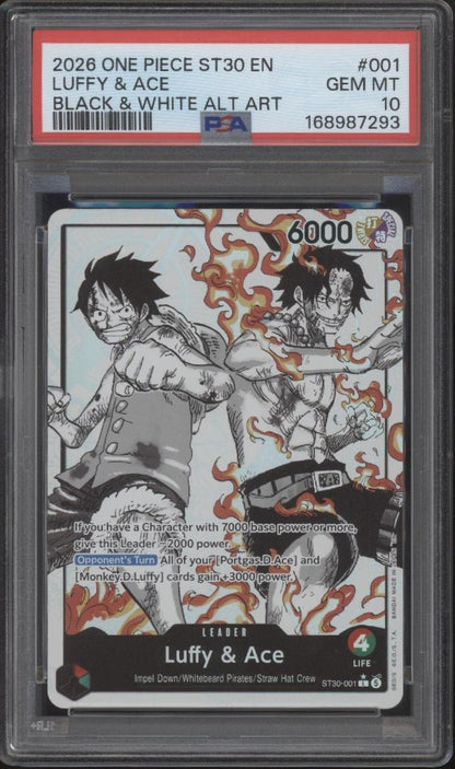 Luffy & Ace One Piece Card Game ST30 Black & White Alternate Art #001 PSA 10 #2