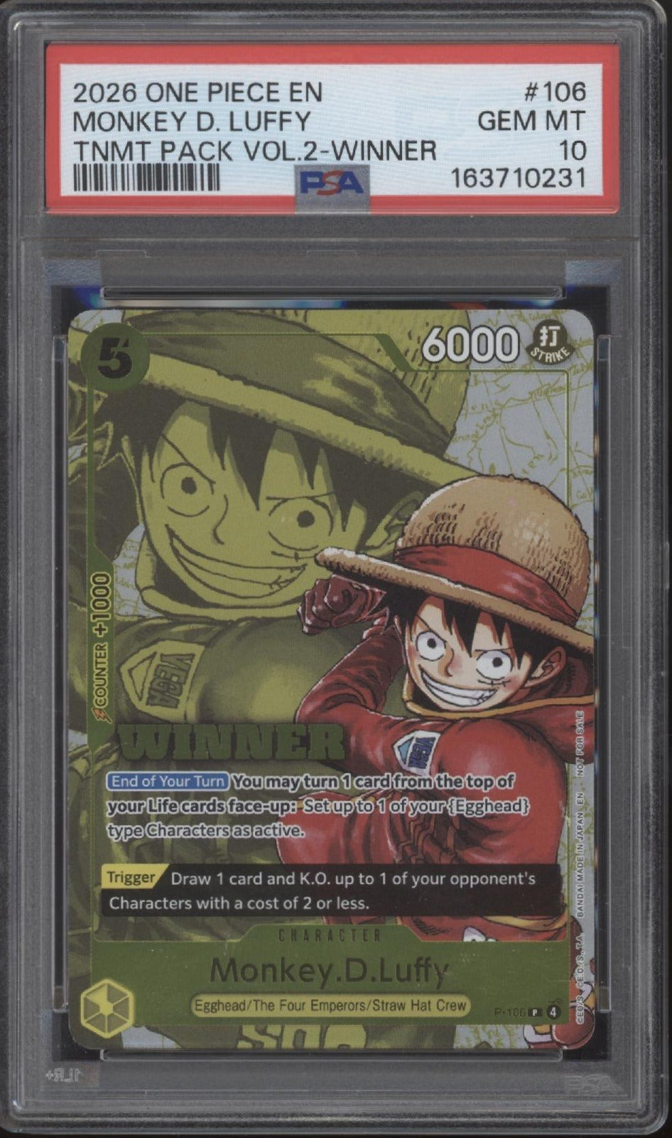 Monkey D Luffy One Piece Card Game Tournament Pack Vol. 2 Winner #106 PSA 10