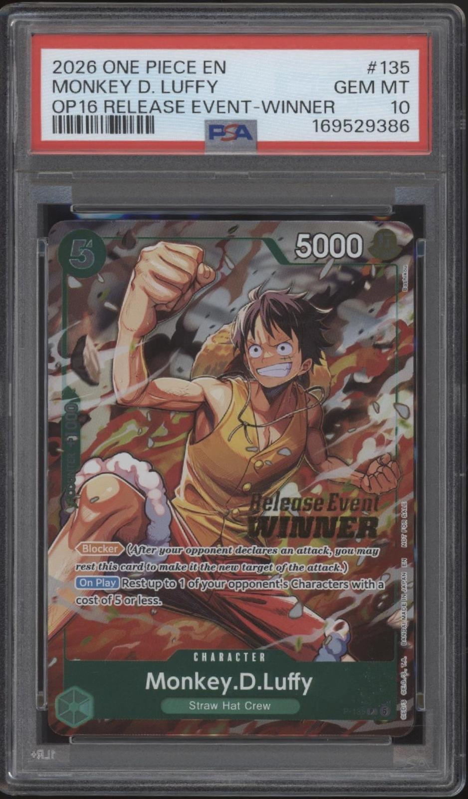Monkey D Luffy One Piece Card Game OP16 Release Event Winner #135 PSA 10 #4