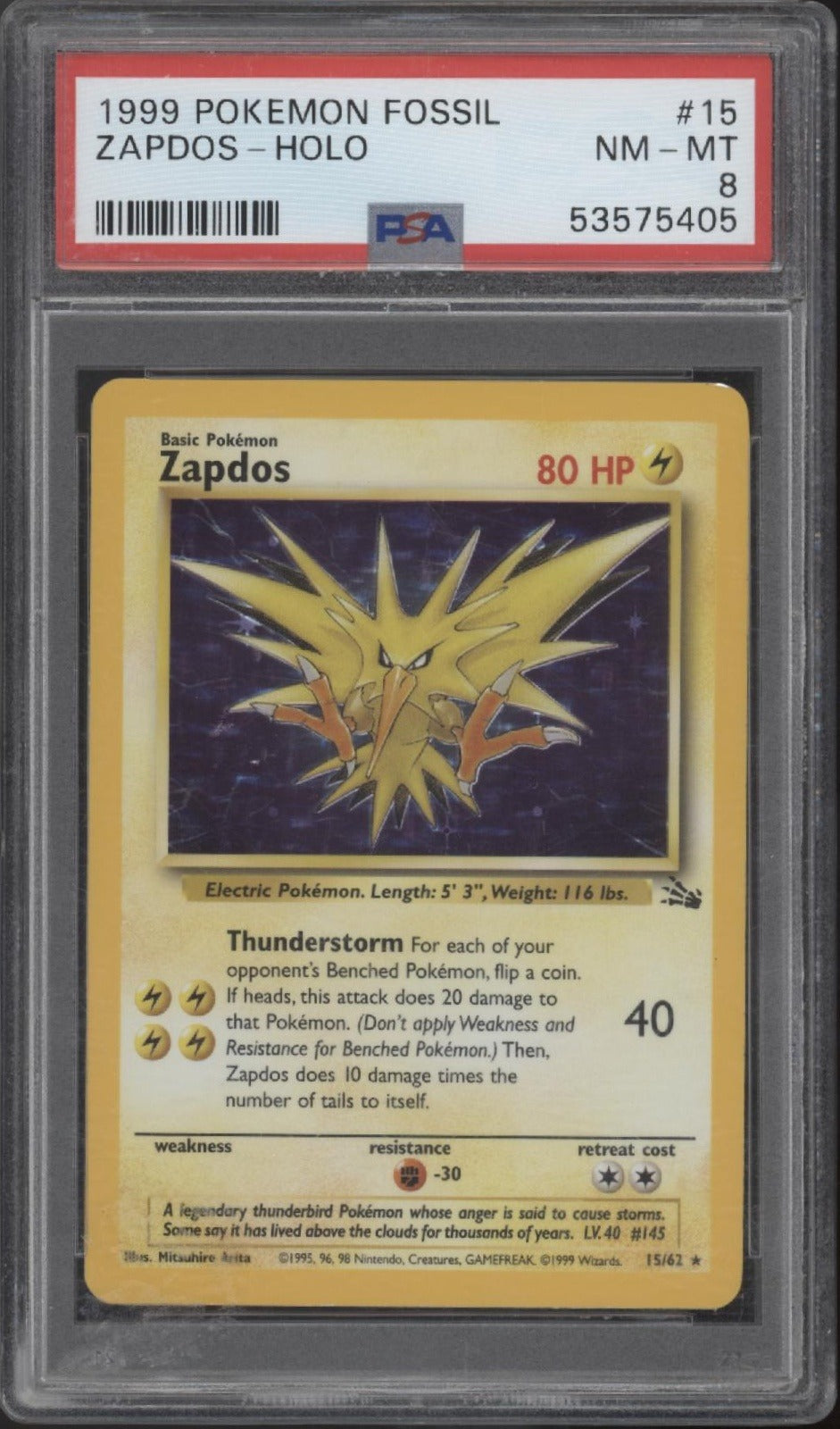 Zapdos Pokemon Fossil Holo #15 PSA 8