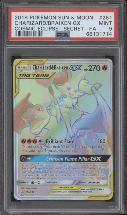 Charizard & Braixen GX Pokemon Cosmic Eclipse Secret Full Art #251 PSA 9