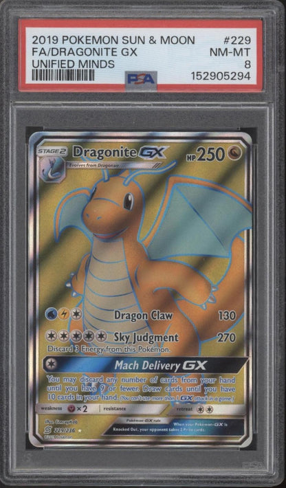 Dragonite GX Pokemon Unified Minds Full Art #229 PSA 8