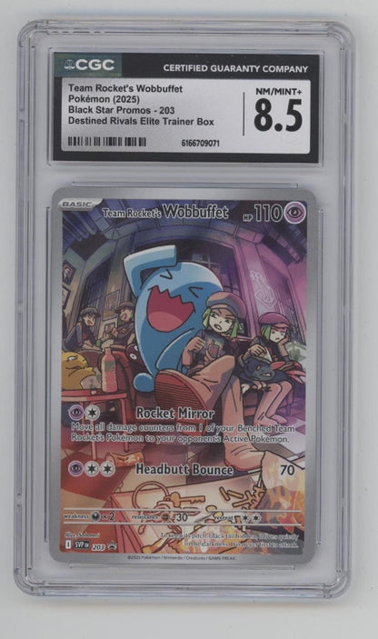 Team Rocket's Wobbuffet Pokemon Destined Rivals ETB Promo #203 CGC 8.5