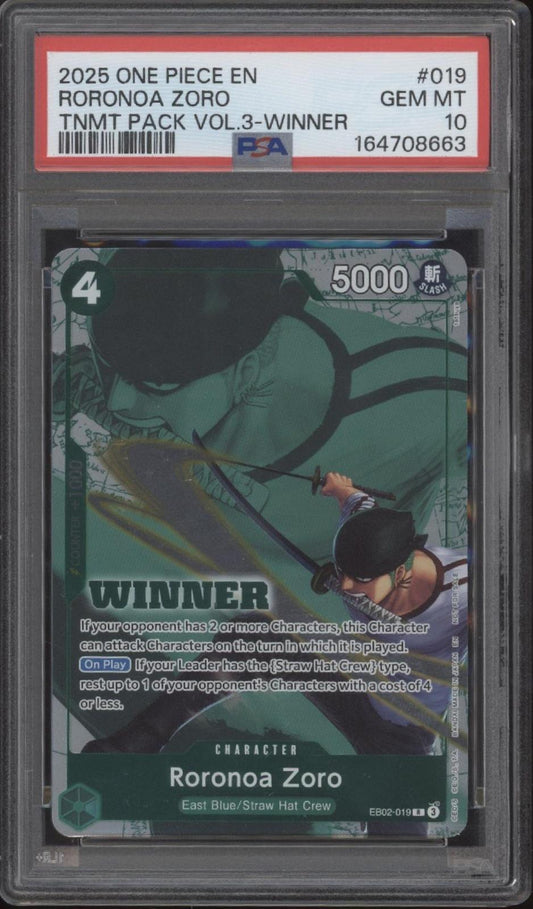 Roronoa Zoro One Piece Card Game Tournament Pack Vol. 3 Winner #019 PSA 10 #4