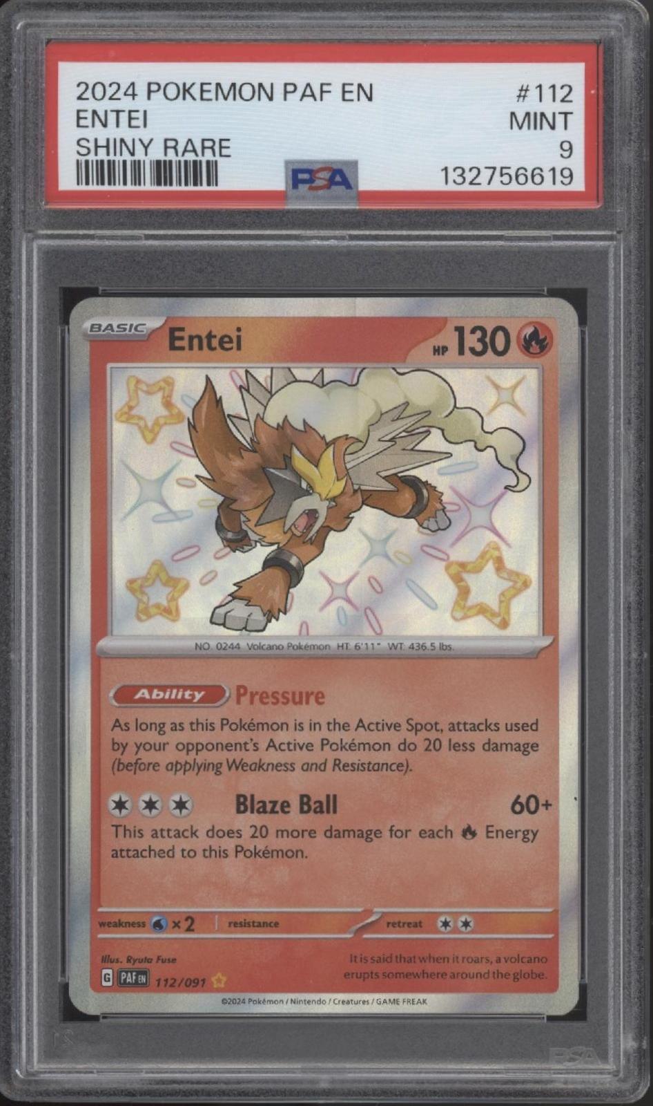 Entei Pokemon Paldean Fates Shiny Rare #112 PSA 9