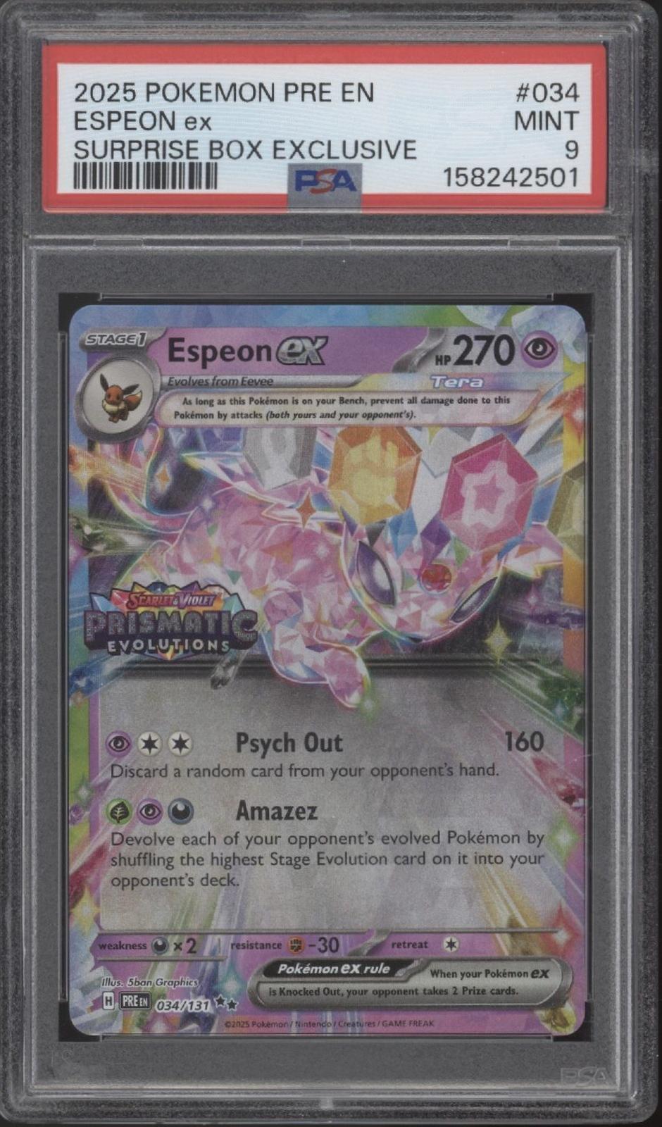 Espeon ex Pokemon Prismatic Evolutions Surprise Box Exclusive #034 PSA 9