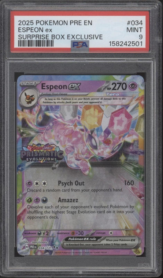 Espeon ex Pokemon Prismatic Evolutions Surprise Box Exclusive #034 PSA 9