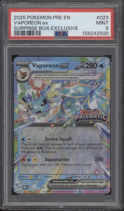 Vaporeon ex Pokemon Prismatic Evolutions Surprise Box Exclusive #023 PSA 9