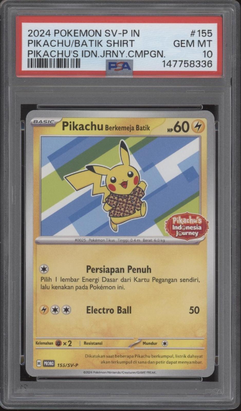 Pikachu Berkemeja Batik Pokemon Pikachu's Indonesia Journey Campaign #155 PSA 10