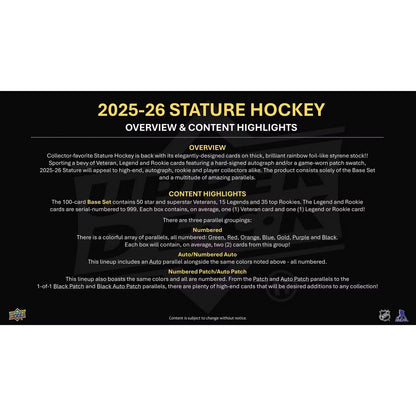 2025-26 Upper Deck Stature Hockey Hobby Box *Contact Us To Order*