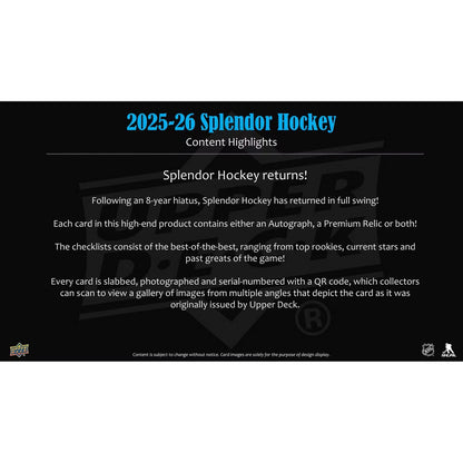 2025-26 Upper Deck Splendor Hockey Hobby Box *Contact Us To Order*