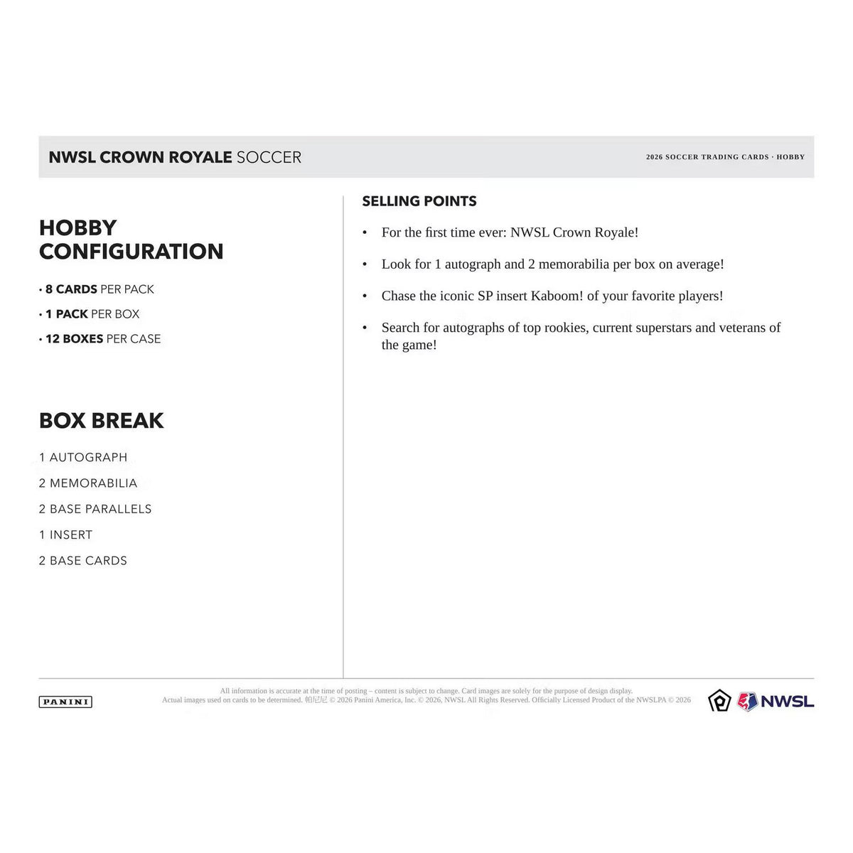 2026 Panini Crown Royale NWSL Soccer Hobby Box