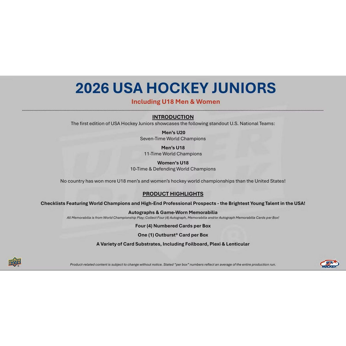 2026 Upper Deck Team USA Juniors Hockey Hobby Box *Contact Us To Order*