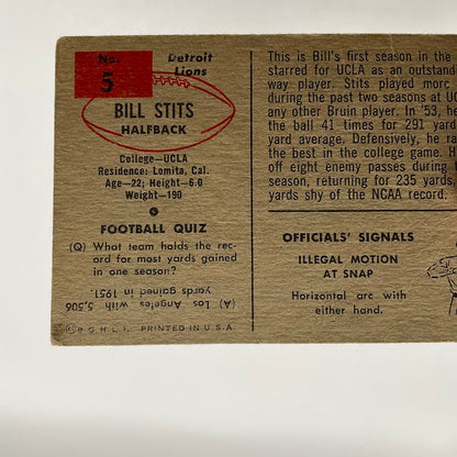 Bill Stits 1954 Bowman RC #5 Detroit Lions VG