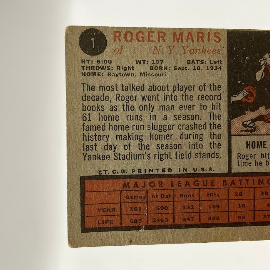 Roger Maris 1962 Topps #1 New York Yankees GD #1 - Collector Store LLC