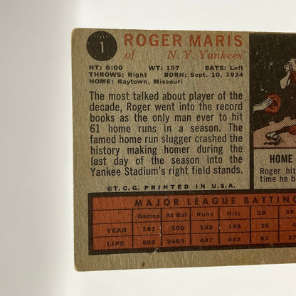Roger Maris 1962 Topps #1 New York Yankees GD #1 - Collector Store LLC