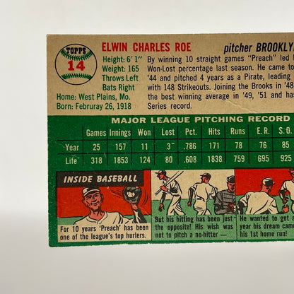 Preacher Roe 1954 Topps #14 Brooklyn Dodgers VG - Collector Store LLC