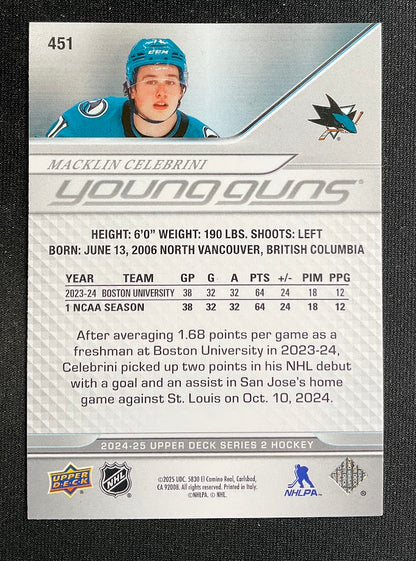 Macklin Celebrini 2024-25 Upper Deck Series 2 Young Guns RC #451