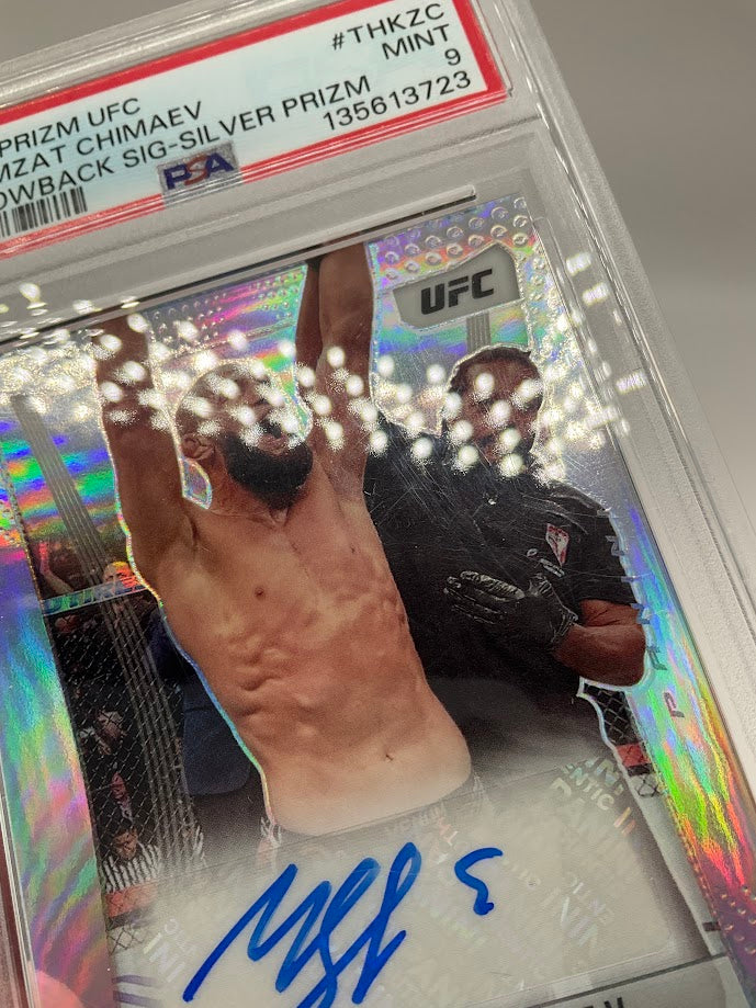 Khamzat Chimaev 2023 Panini Prizm Throwback Signature Silver Prizm Auto PSA 9