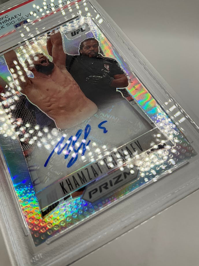 Khamzat Chimaev 2023 Panini Prizm Throwback Signature Silver Prizm Auto PSA 9