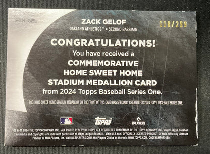 Zack Gelof 2024 Topps Series 1 Commemorative Home Sweet Home Medallion RC /299