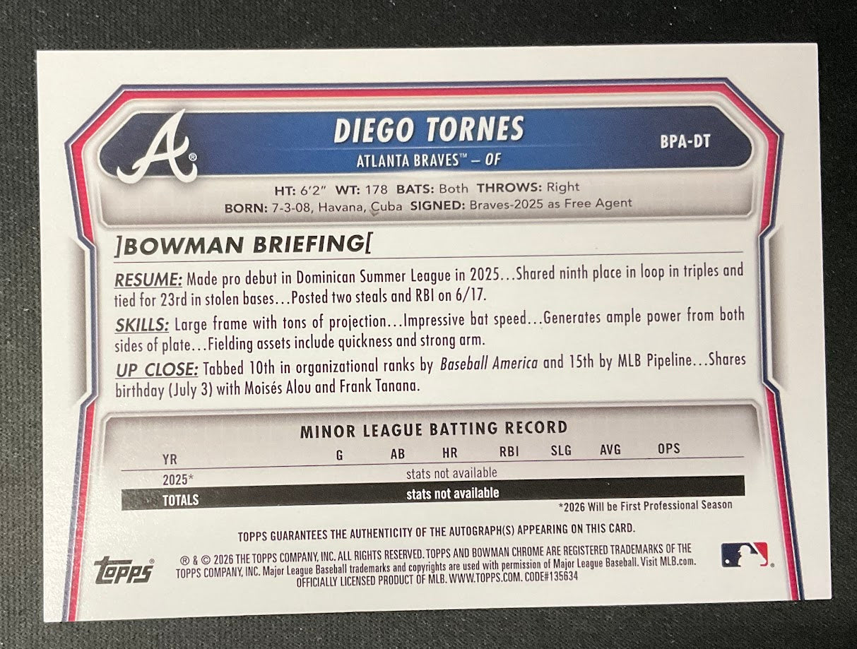 Diego Tornes 2026 Bowman Red Border Auto 4/5 #BPA-DT