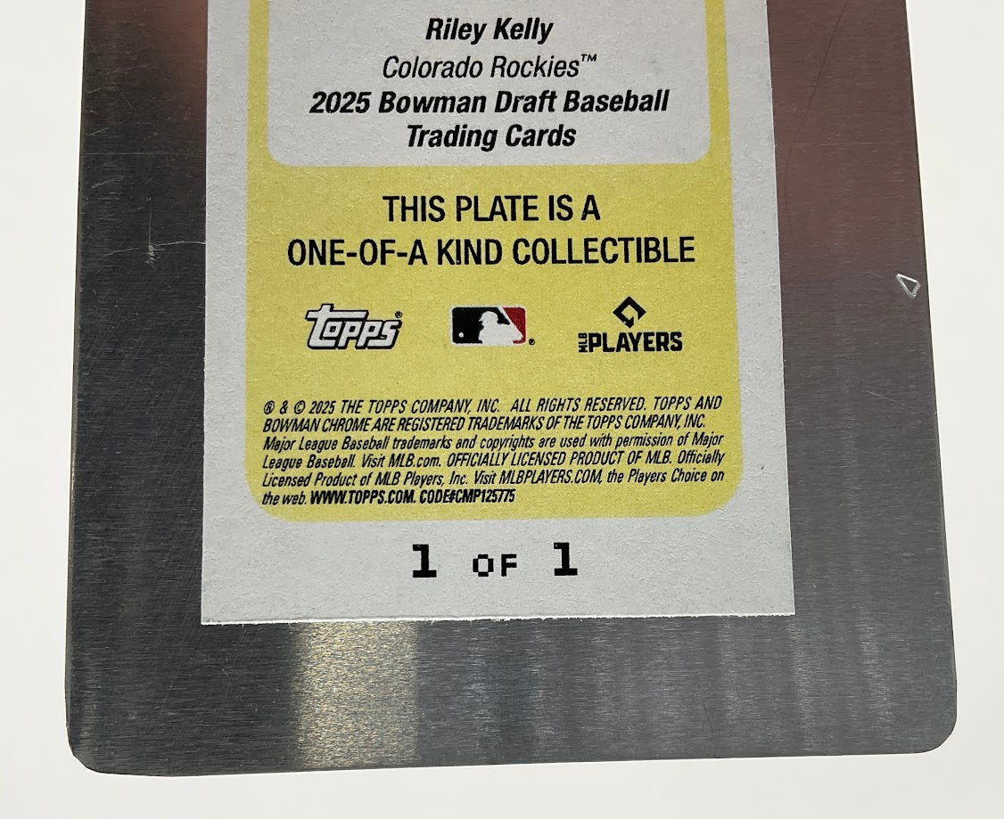 Riley Kelly 2025 Bowman Draft Yellow Printing Plate Auto 1/1 #CPA-RK
