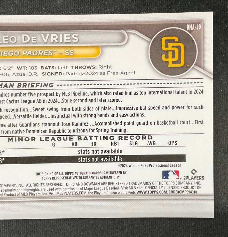 Leo De Vries 2024 Bowman Chrome Purple Mojo Refractor Auto 089/199 #BMA-LD
