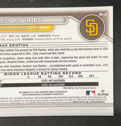 Leo De Vries 2024 Bowman Chrome Purple Mojo Refractor Auto 089/199 #BMA-LD