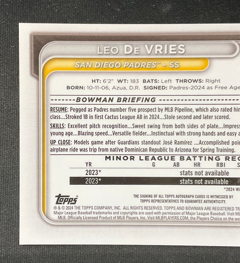 Leo De Vries 2024 Bowman Chrome Purple Mojo Refractor Auto 089/199 #BMA-LD