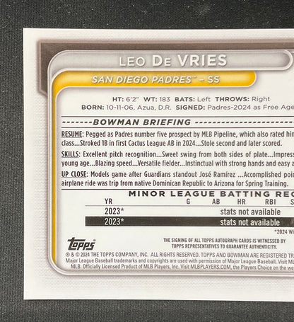 Leo De Vries 2024 Bowman Chrome Purple Mojo Refractor Auto 089/199 #BMA-LD