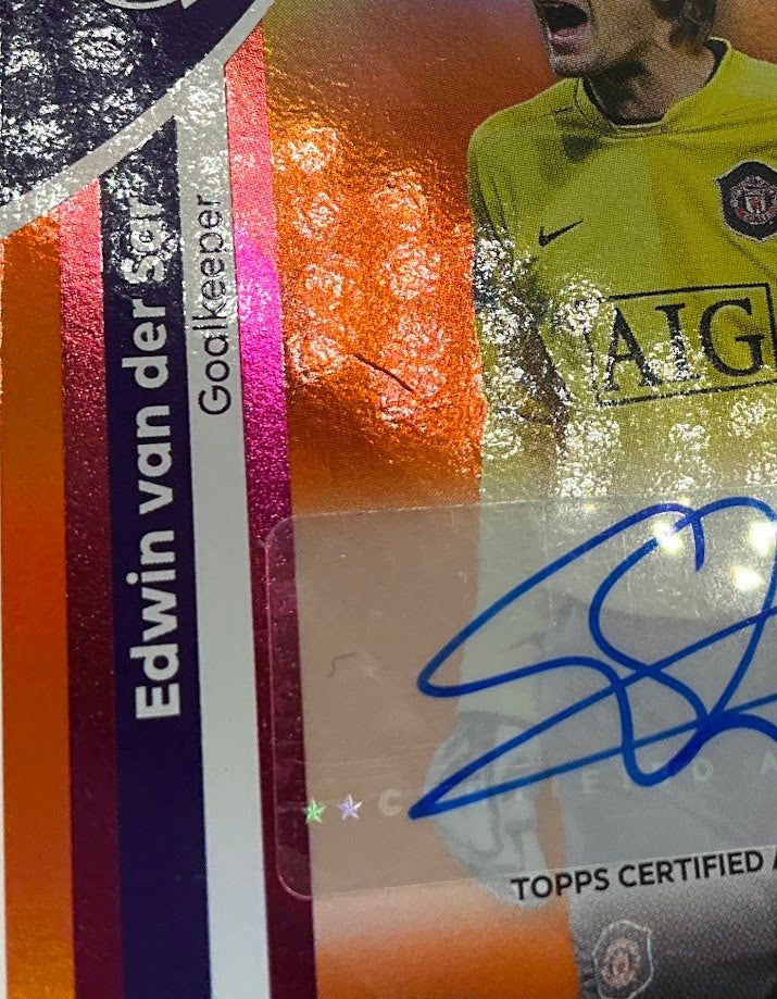 Edwin van der Sar 2025-26 Topps Premier League Orange Holo Auto 03/25