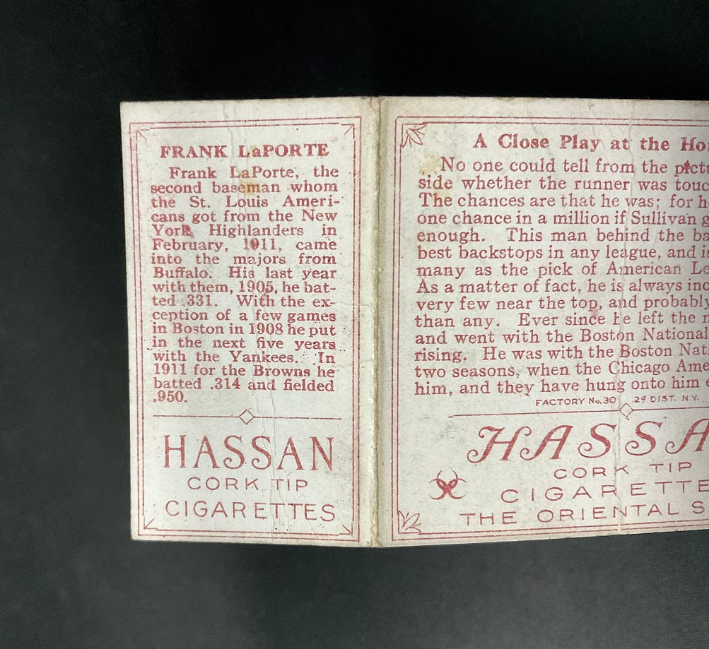 Frank LaPorte RJ Wallace 1912 Hassan Triple Fold A Close Play at Home Plate PR