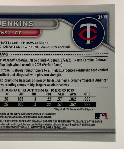 Walker Jenkins 2024 Bowman Chrome Blue Lunar Refractor Auto 016/150 #CPA-WJ