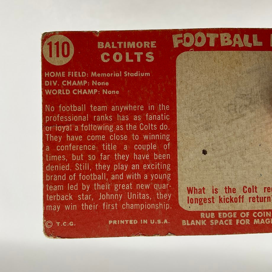 Baltimore Colts 1958 Topps Team Card #110 VG #1 - Collector Store LLC