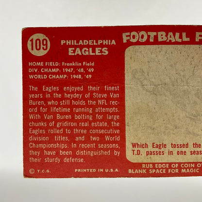 Philadelphia Eagles 1958 Topps Team Card #109 VG-EX - Collector Store LLC