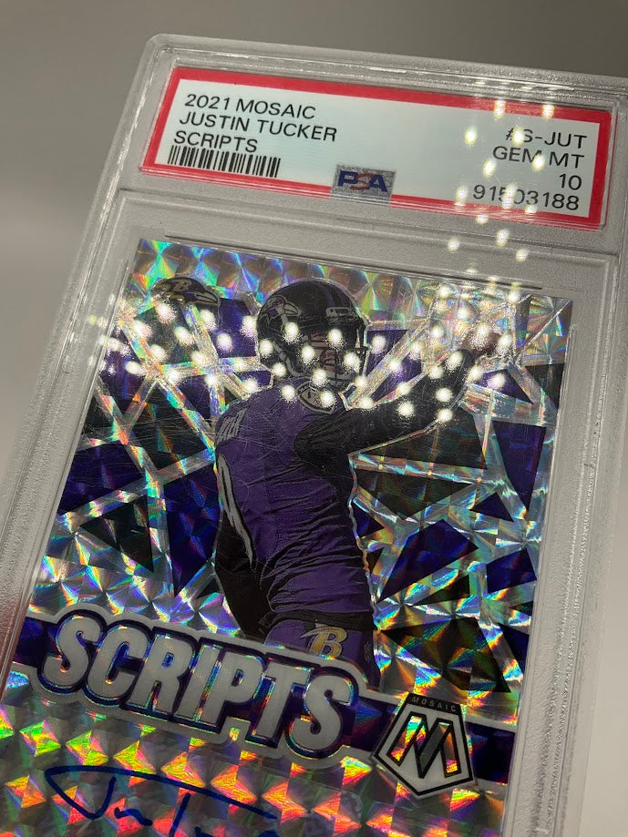 Justin Tucker 2021 Panini Mosaic Scripts Prizm Auto #S-JUT PSA 10