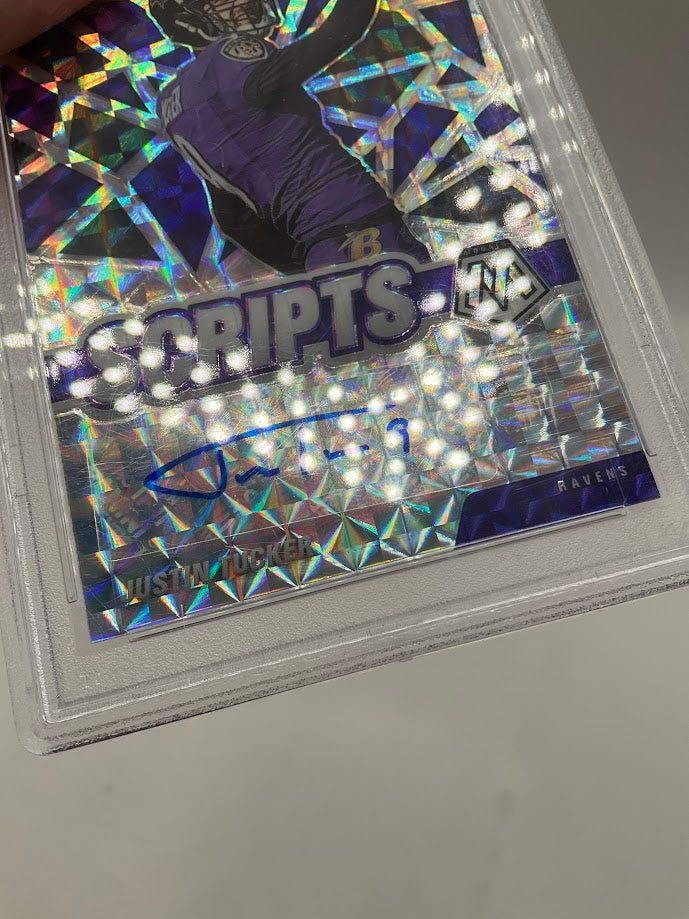 Justin Tucker 2021 Panini Mosaic Scripts Prizm Auto #S-JUT PSA 10