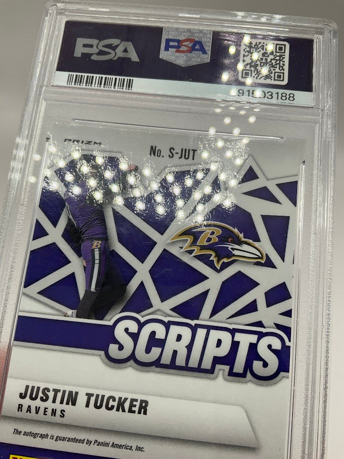 Justin Tucker 2021 Panini Mosaic Scripts Prizm Auto #S-JUT PSA 10