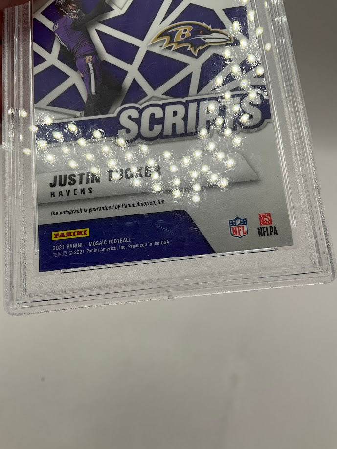 Justin Tucker 2021 Panini Mosaic Scripts Prizm Auto #S-JUT PSA 10