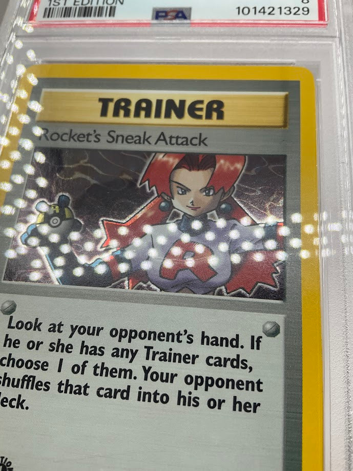 Rocket's Sneak Attack Pokemon Team Rocket Holo 1st Edition #16 PSA 8