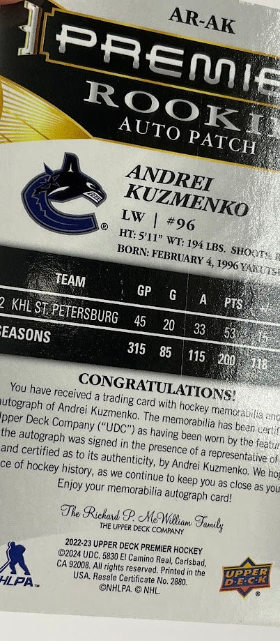 Andrei Kuzmenko 2022-23 Upper Deck Premier Swatch RC Auto 06/99 #AR-AK
