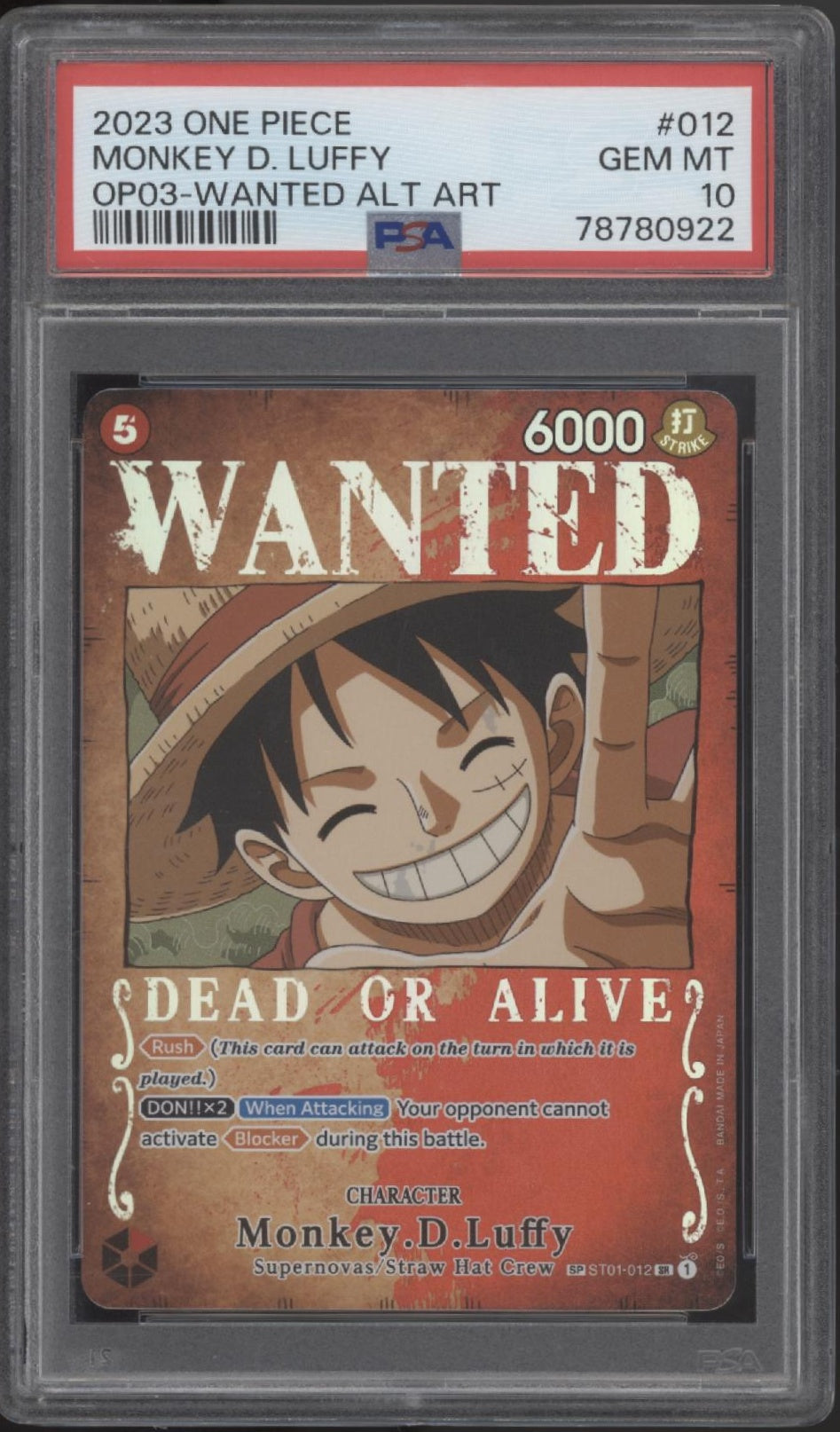 Monkey D Luffy One Piece Card Game OP03 Wanted Alternate Art #012 PSA 10