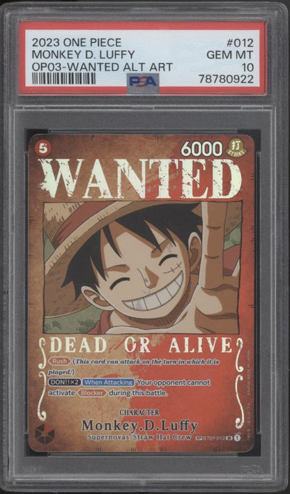 Monkey D Luffy One Piece Card Game OP03 Wanted Alternate Art #012 PSA 10